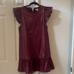 TCEC Fake Leather Maroon Ruffle Sleeve Dress